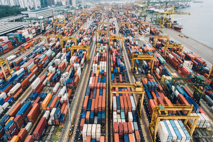 Shipping containers stacked at a port